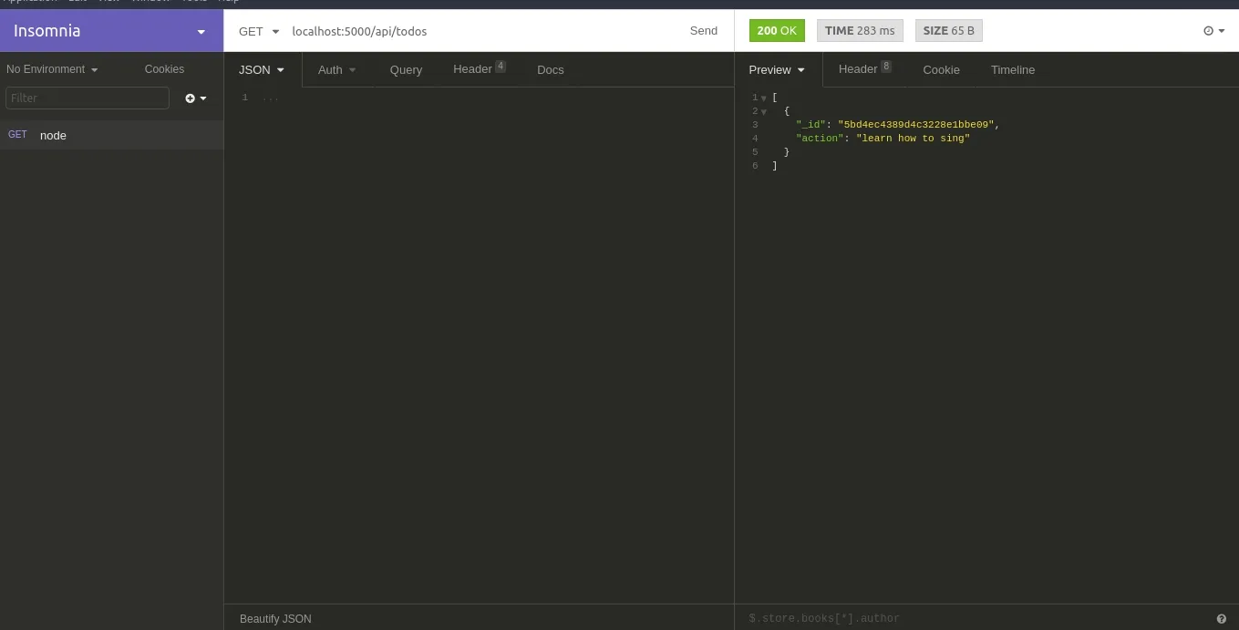 Insomnia sending GET localhost:5000/api/todos and receiving a 200 OK with a JSON list of todos