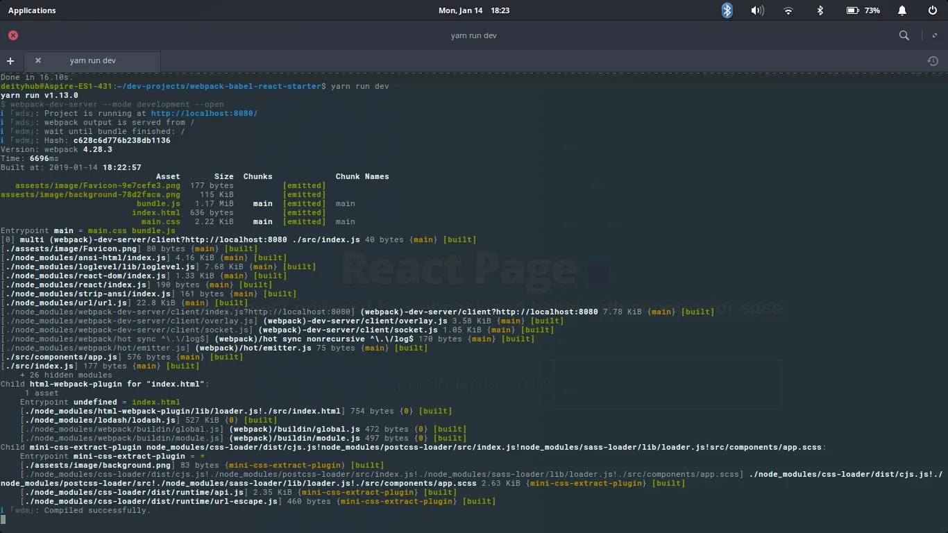 Terminal output of yarn run dev: webpack-dev-server compiles the bundle and serves the project at localhost:8080