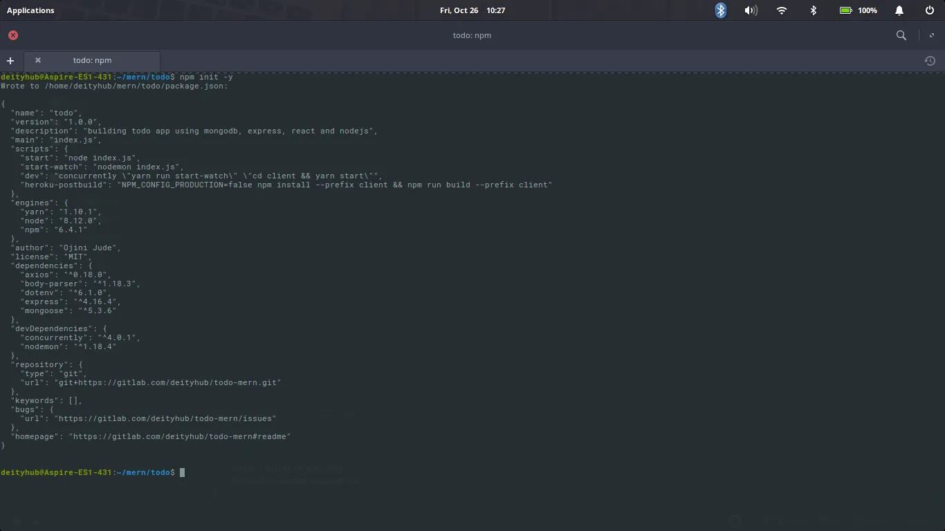 Terminal output of npm init -y, showing the generated package.json for the todo project